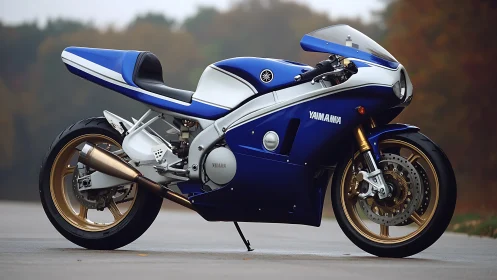 Blue and white sport motorcycle on open road surface.