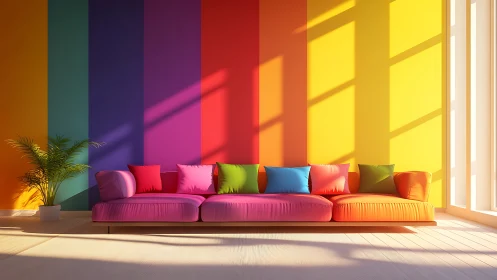 Multicolored sectional sofa aligns with striped interior wall