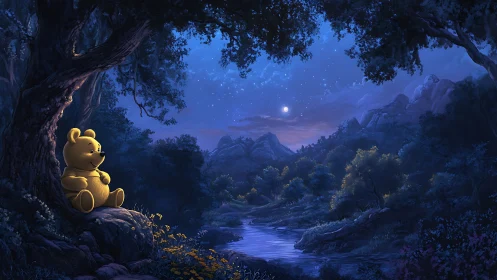 Stuffed bear watches quiet moonlit river under deep blue sky