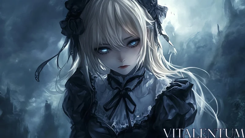 Gothic blonde girl with glowing eyes in stormy anime dusk.