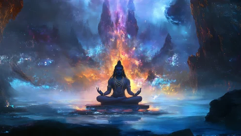 Meditating deity rests in cosmic light amid serene waters
