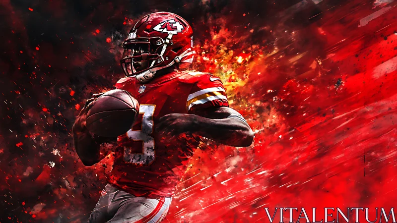 Explosive red portrayal of football quarterback in motion.