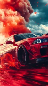 Red drift car tearing through fire and storm clouds.