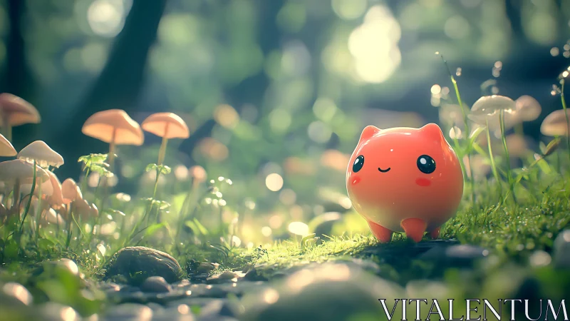 Orange creature figure in sunlit forest mushroom clearing.