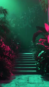 Neon jungle stairway rises into a glowing, mysterious night