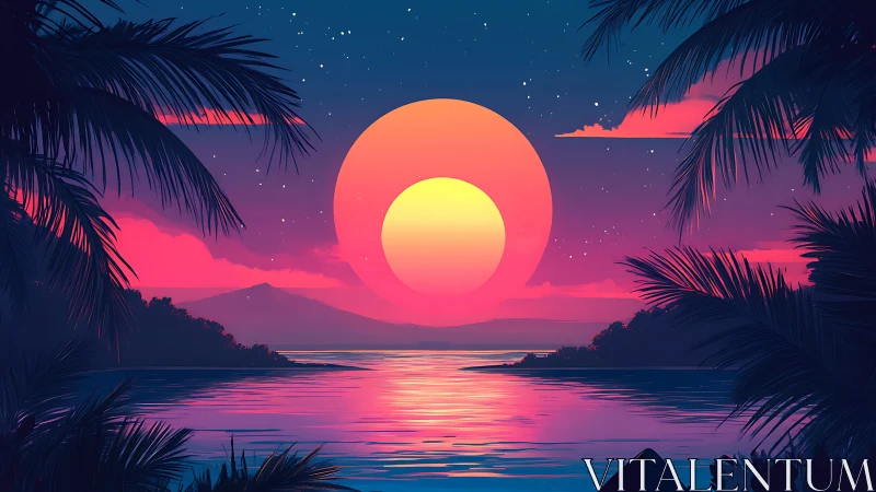 Neon tropical bay at sunset with dual concentric sun discs