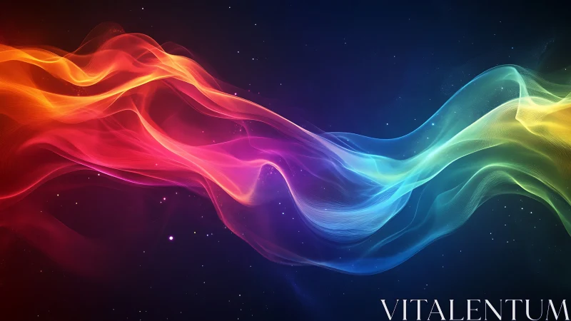 Color spectrum light waves flow across dark starry background