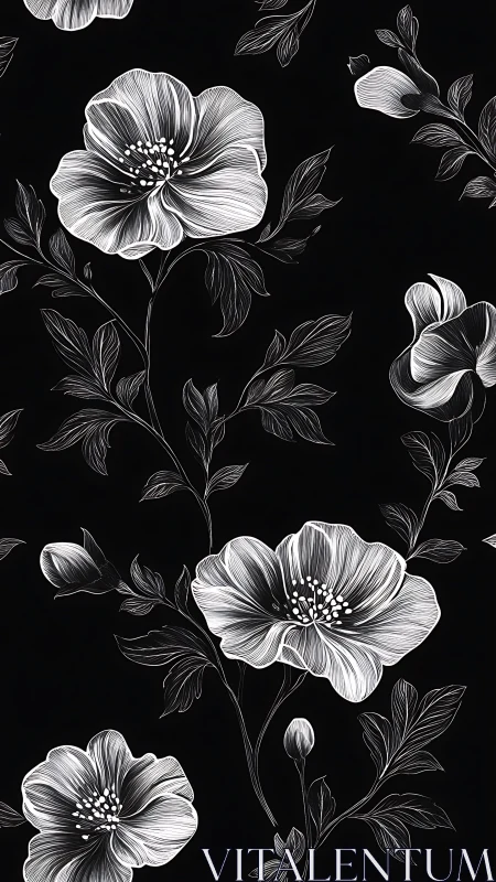 Nocturnal Blooms Dance: White Flowers on Black Canvas.