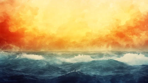 Stormy teal ocean under blazing abstract fire sky.