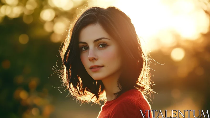 Soft sunset portrait of a thoughtful woman outdoors.