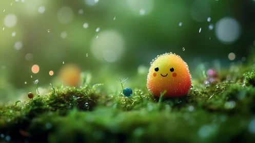 Smiling fuzzy orb creature sits on dewy moss in soft bokeh forest