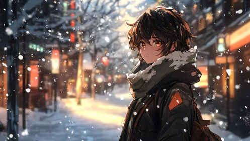 Winter street portrait of youth in luminous snowfall.