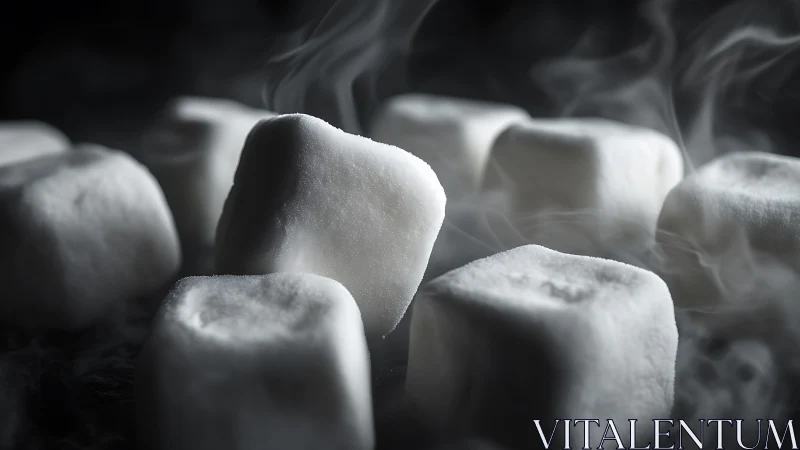 Frosted marshmallow cubes in dramatic close-up steam.