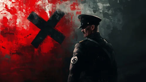 Shadowed officer studies a bold red wall marked with refusal