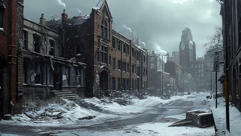 Snowbound abandoned city street under brooding winter sky.