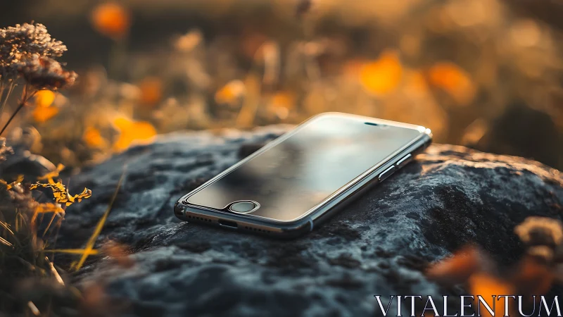 Smartphone resting on dark stone with warm ambient bokeh lighting.