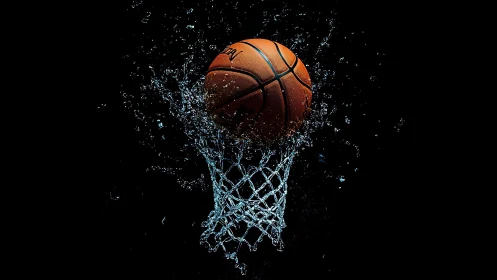 Basketball splashes through a liquid hoop in dramatic focus