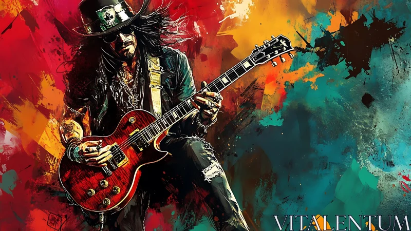 Electric rock guitarist shreds before explosive abstract backdrop