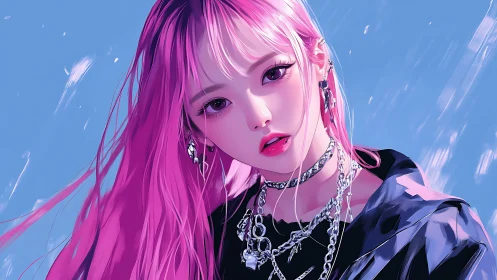 Pink haired girl portrait with chains against blue sky.