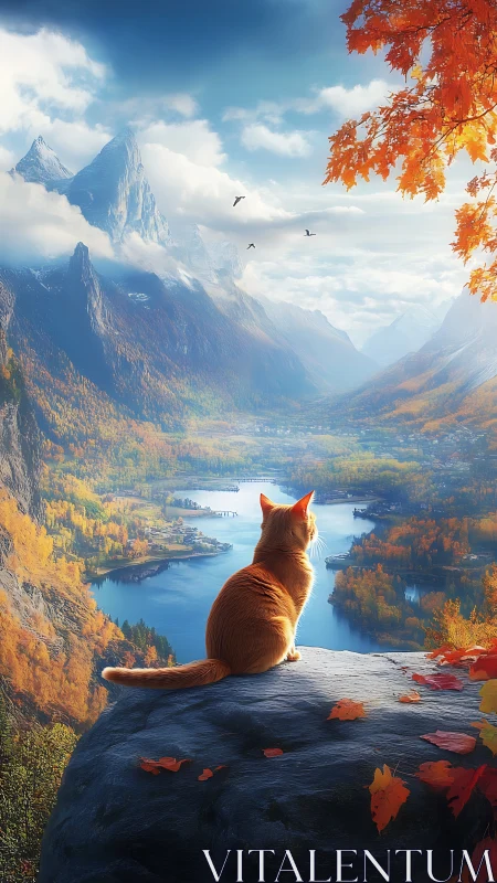 Orange cat overlooking autumn lake and distant mountains.