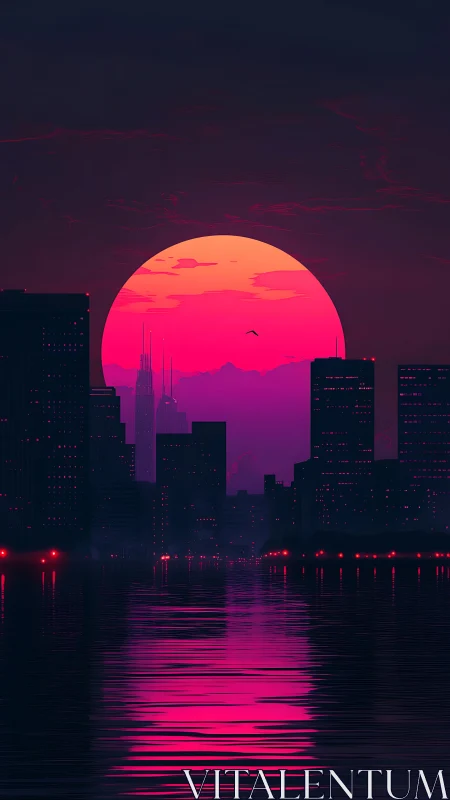 Neon dusk metropolis with magenta sun over reflective bay.