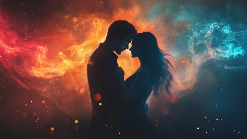 Silhouetted couple sharing intimate moment beneath luminous elemental fire