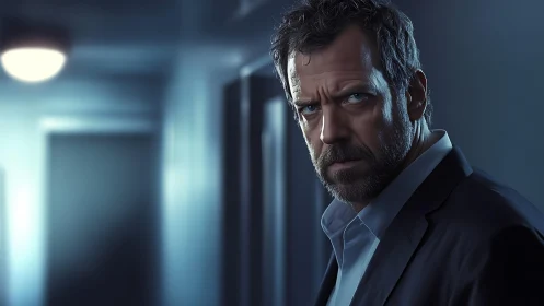 Moody middle aged man in dim corridor with cinematic lighting