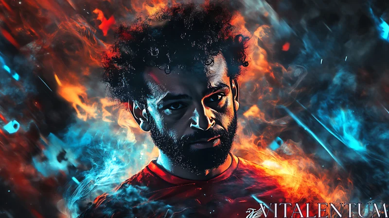 Football player portrait surrounded by stylized fire and smoke