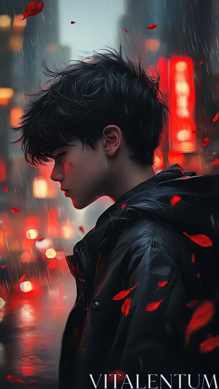 Melancholic youth in neon rain with drifting crimson petals.