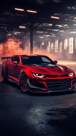 Red performance coupe in cinematic warehouse lighting setup.