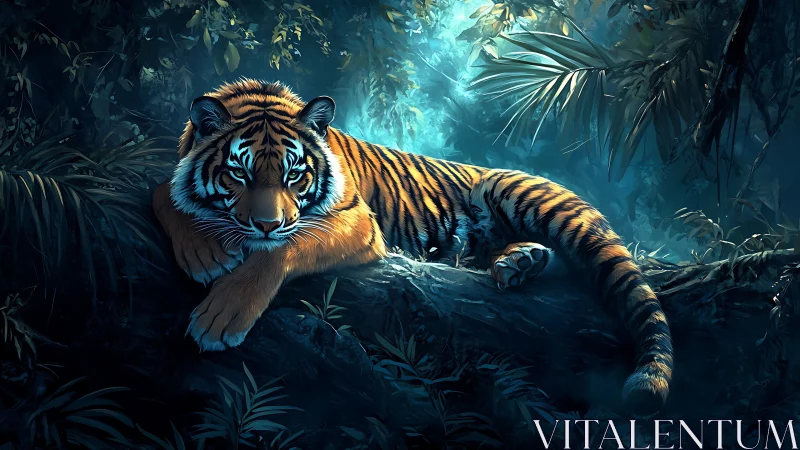 Solitary tiger rests in moonlit jungle shadows with quiet power