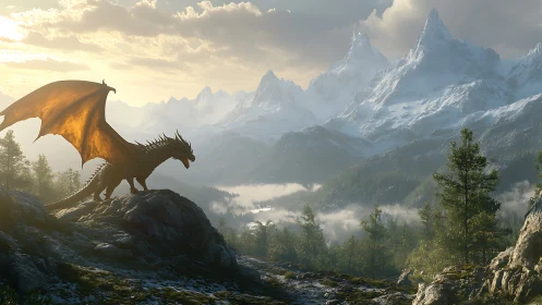 Majestic dragon overlooking misty alpine valley at sunrise.