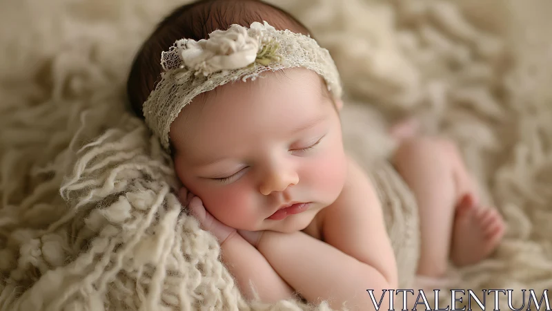 Sleeping newborn with decorative headband on textured surface.