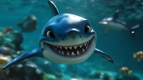 Smiling cartoon shark swimming in bright blue ocean scene.