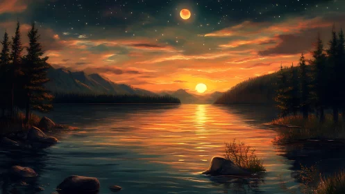 Twin moons over sunset lake reflect in glowing water.