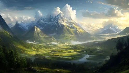 Sunlit glacial valley with stratified mountain ranges and aerial haze