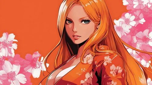 Flame haired blossom muse framed in bold sakura haze.