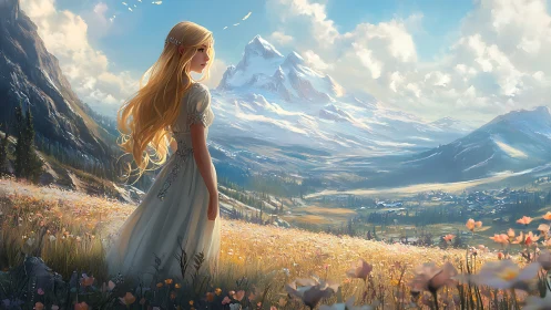Golden-haired elf observes luminous alpine valley panorama