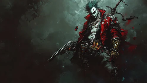 Gun-wielding cyberpunk antihero in red coat stands ready.