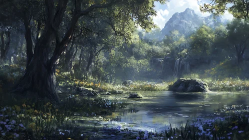 Landscape rendering depicts forest valley with river and mountain backdrop.