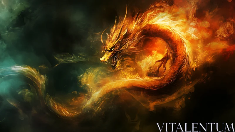 Fiery dragon spiraling through smoky night skies with power.