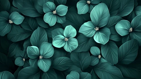 Turquoise floral composition with detailed petal rendering and luminous centers.