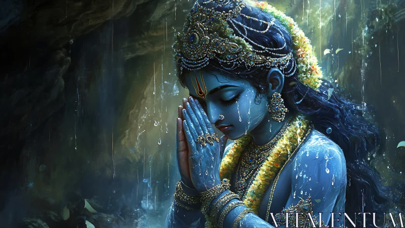 Divine blue figure prays in luminous forest rain.