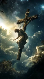 Crucified robed figure suspended on broken cross in sky