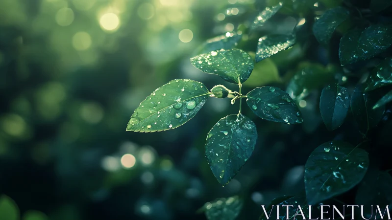Morning dew on emerald leaves in soft forest light.