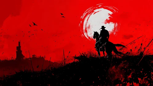 Silhouetted rider on horseback against stylized red sun.