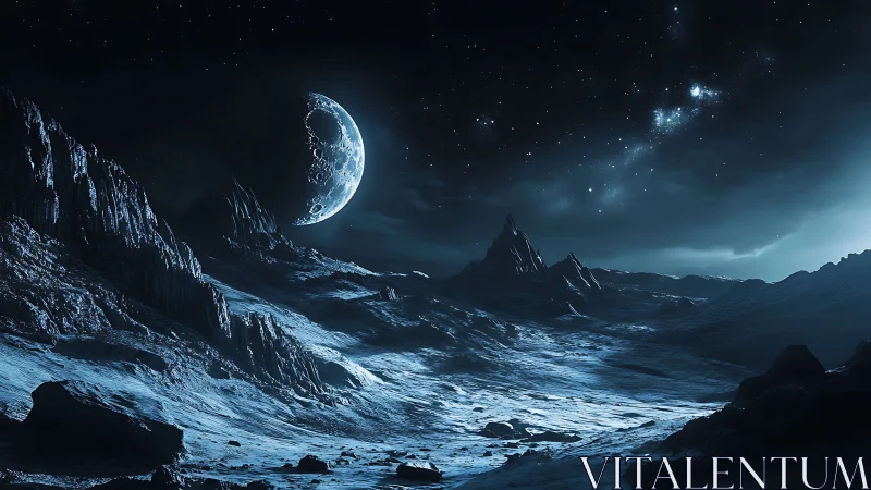 Frozen alien landscape under crescent moon and stars.