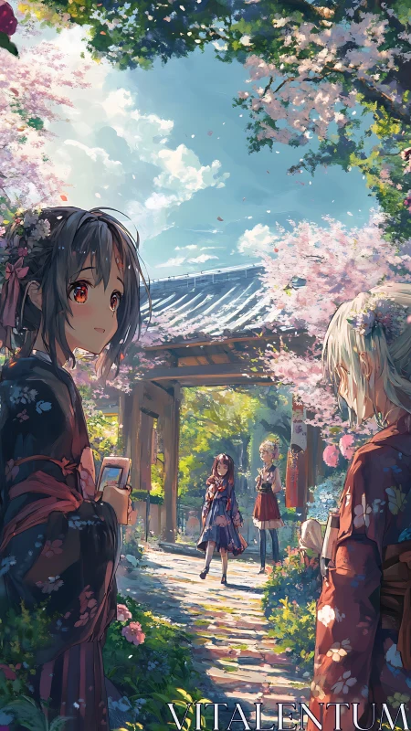 Anime courtyard gathering under sunlit sakura canopy.
