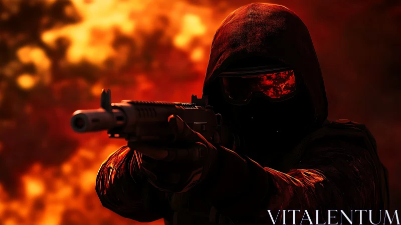 Hooded armed figure aims rifle against intense orange backdrop