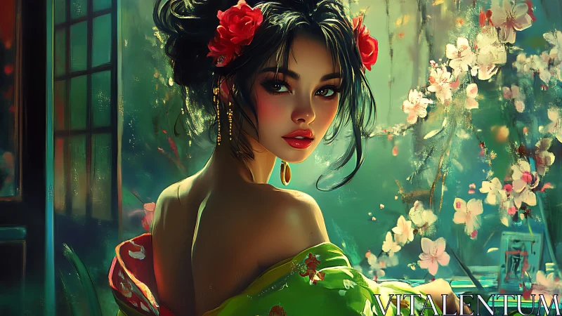 Ornamental portrait of woman in floral kimono by window.